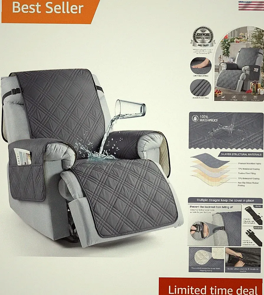 100% Waterproof Oversized Recliner Cover with Non-Slip Design - Dark Grey