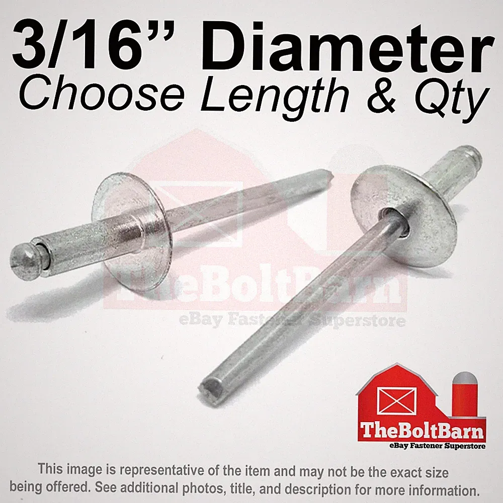 3/16" Oversized Head Blind Pop Rivets Alum/Alum Mandrel Plain (Pick Length &Qty)