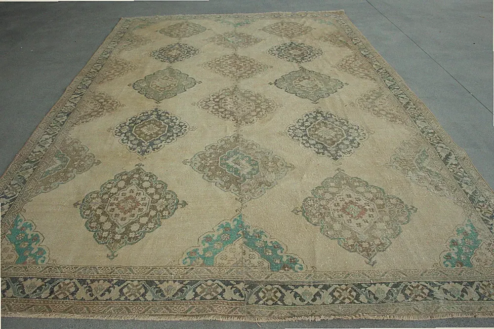 8,2x13,2 ft Oversize Vintage Rug, Blue Check Turkish Rug