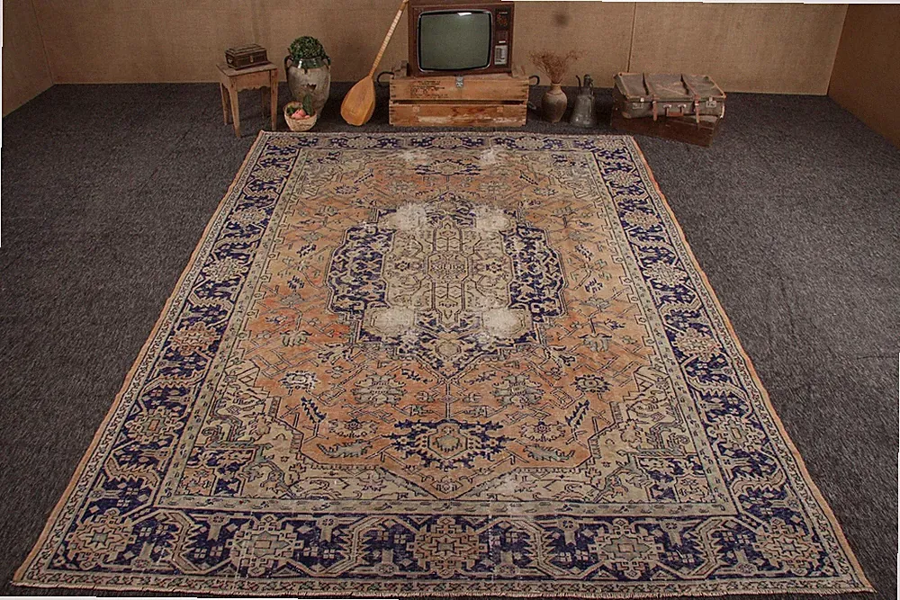 8,6x11,8 ft Vintage Oversize Rug, Turkish Blue Floral Rug
