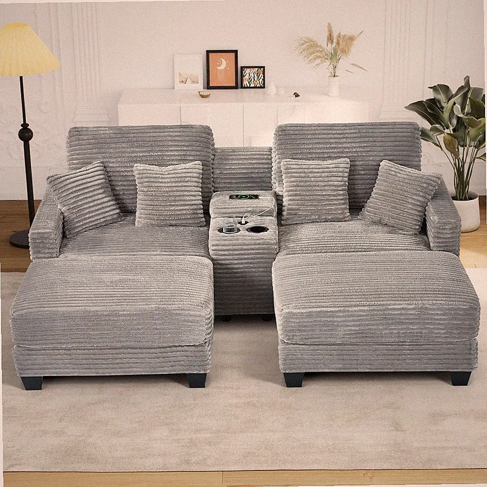 82.6" Oversized Upholstered Chaise Lounge Chair Sofa w/ USB Ports & Cup Holder