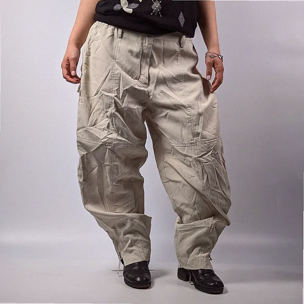 Annette Gortz Asymmetric Zipper Cargo Wide Leg Oversized Beige Baggy Pants 42/M