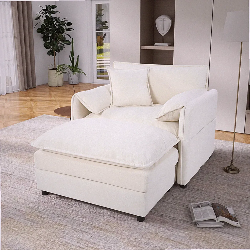 Beige Oversized 57.48" Recliner Chair Movable Ottoman Soft Chenille Upholstered