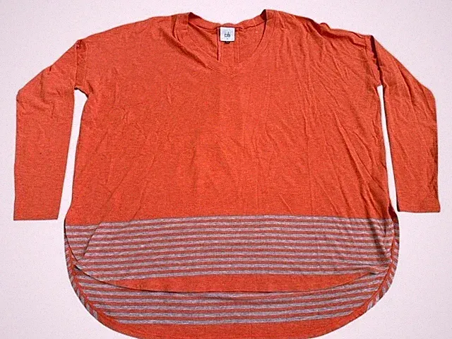 Cabi Orange Pleated Back Stripe Lagun Oversized Long Sleeve Recline Tee Preppy M