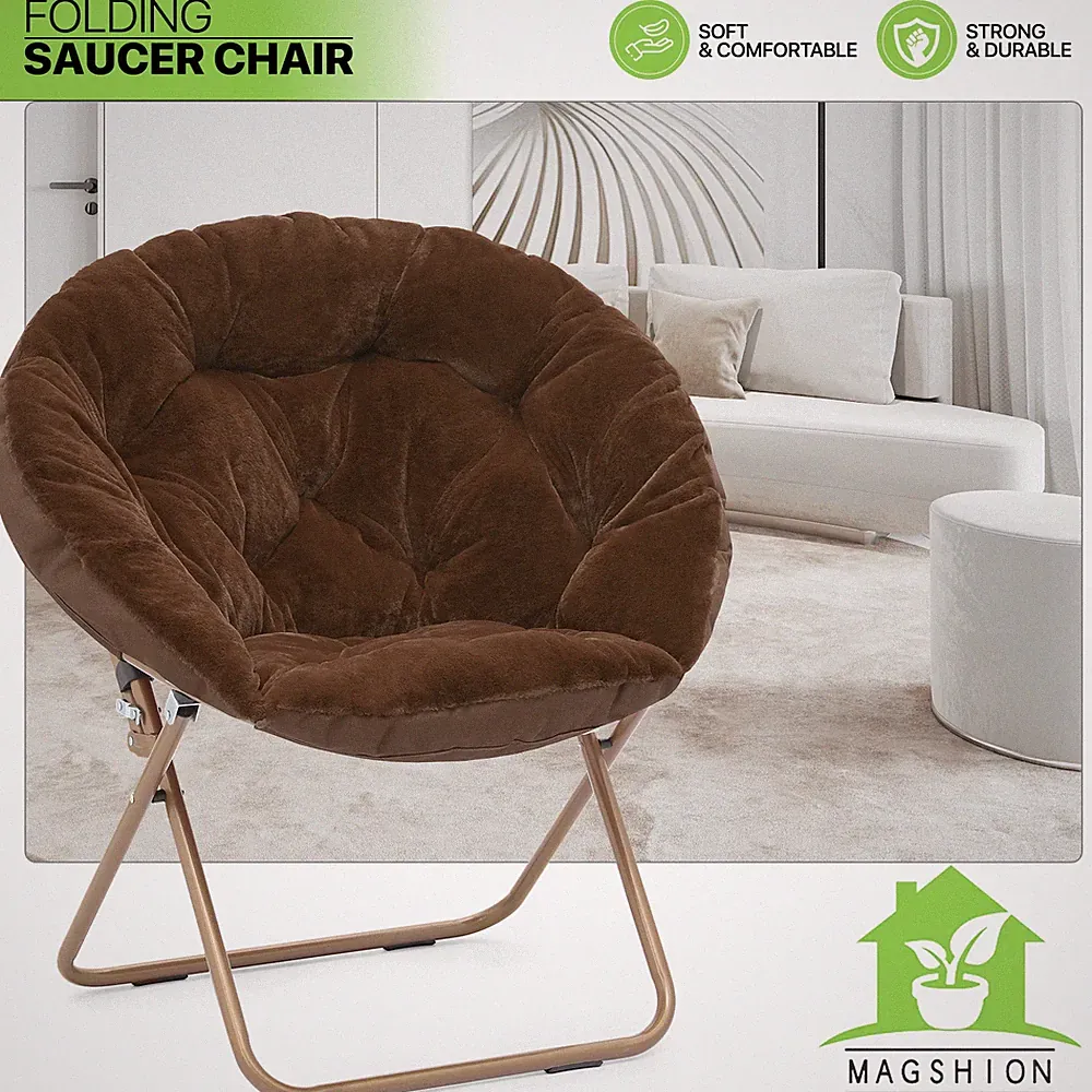 Foldable Faux Fur Saucer Lounge Chair Brown Modern Cozy Moon Seat w/Metal Frame