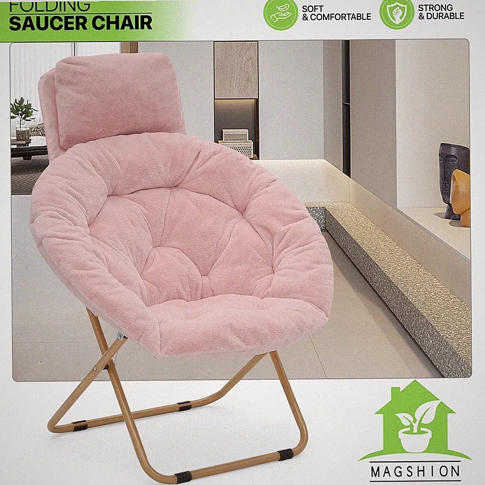 Foldable Modern Cozy Saucer Lounge Chair Faux Fur Moon Seat w/Removable Headrest