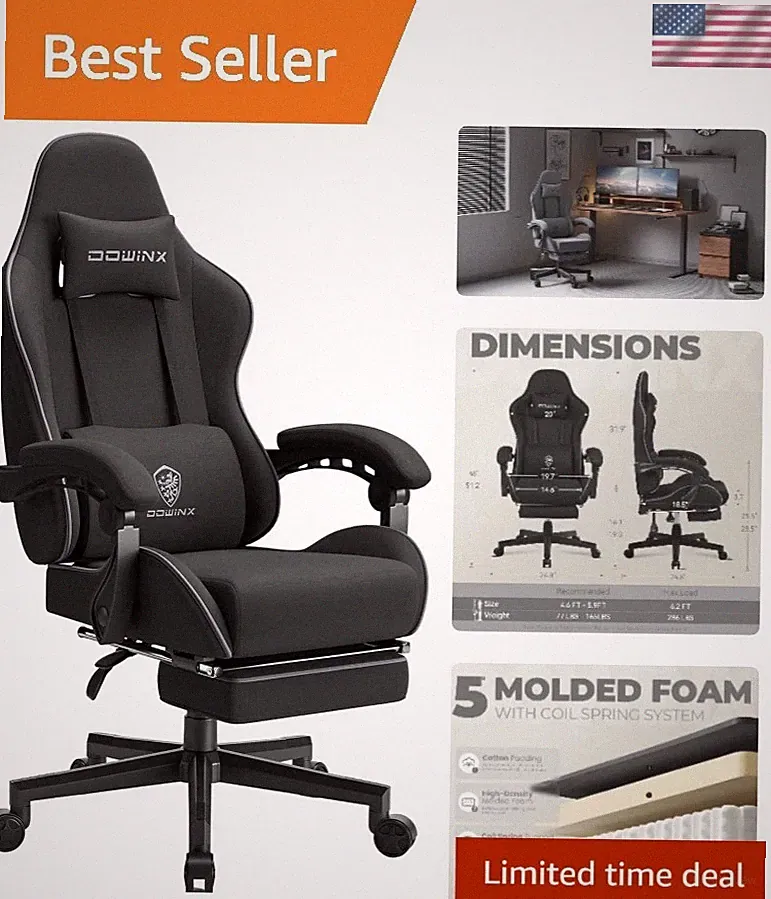 Gaming Chair Fabric with Pocket Spring Cushion Massage Headrest Footrest Black