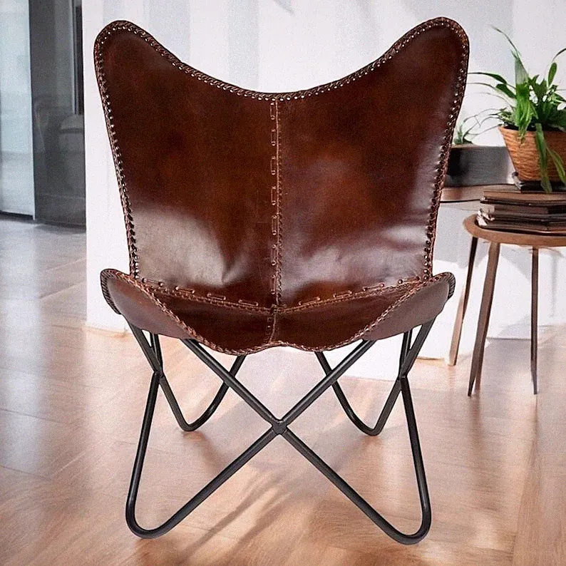 Genuine Leather Butterfly Chair Leather for Lounge Living Room ,Cover with Stand