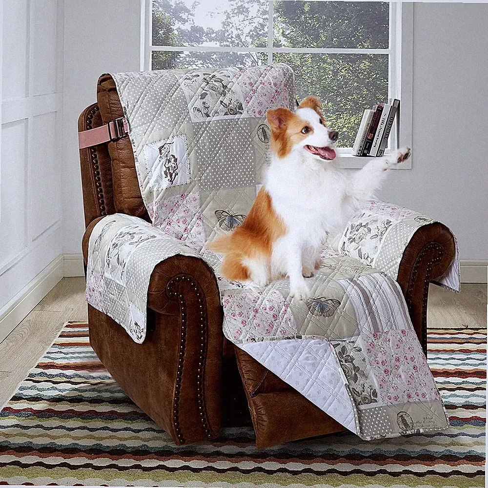 Grey Cupid and Pink Rose Patchwork Quilted Large Recliner Slipcover, 28" Seat...