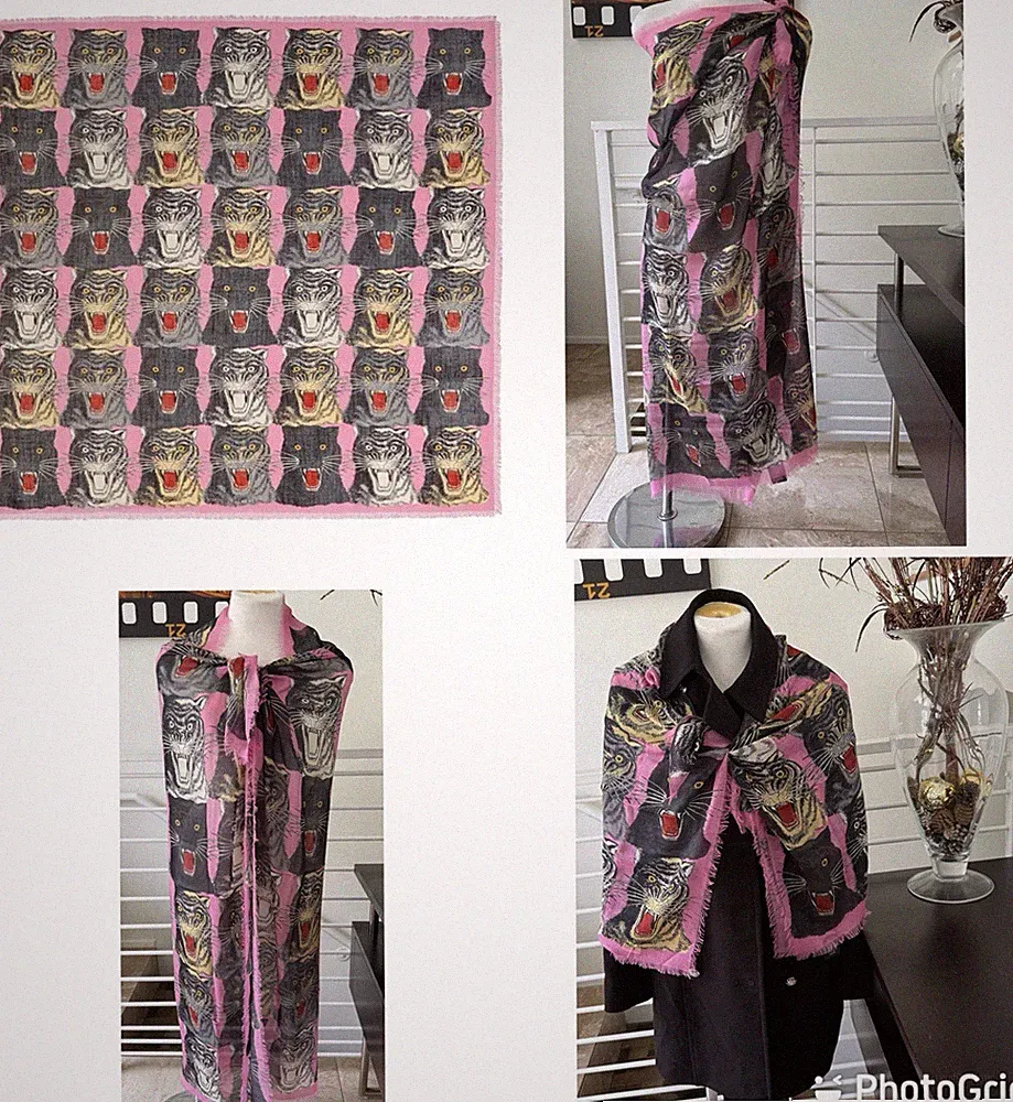 Gucci Tiger Heads Print Silk Pink Sheer Shawl Scarf Oversized Wrap 55 X 55 in