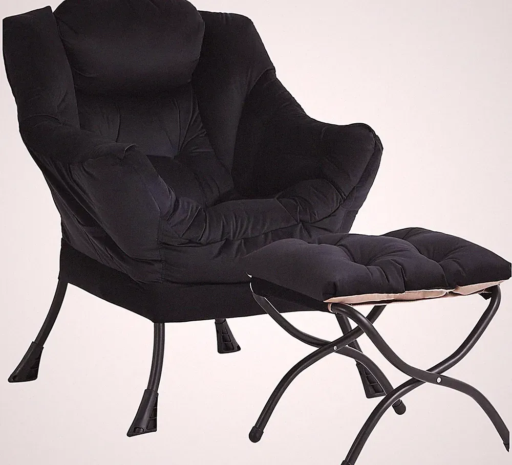 Lazy Chair and Ottoman, Black Velvet Large Accent Chair with a Side Pocket, Mode