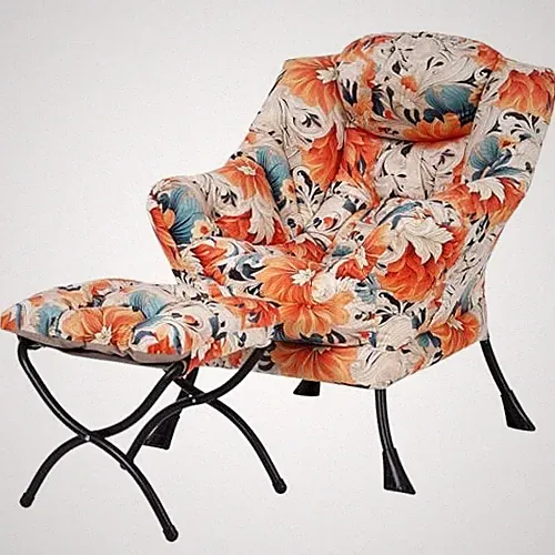 Lazy Chair with Ottoman, Modern Accent Chair with Velvet White Orange Flower