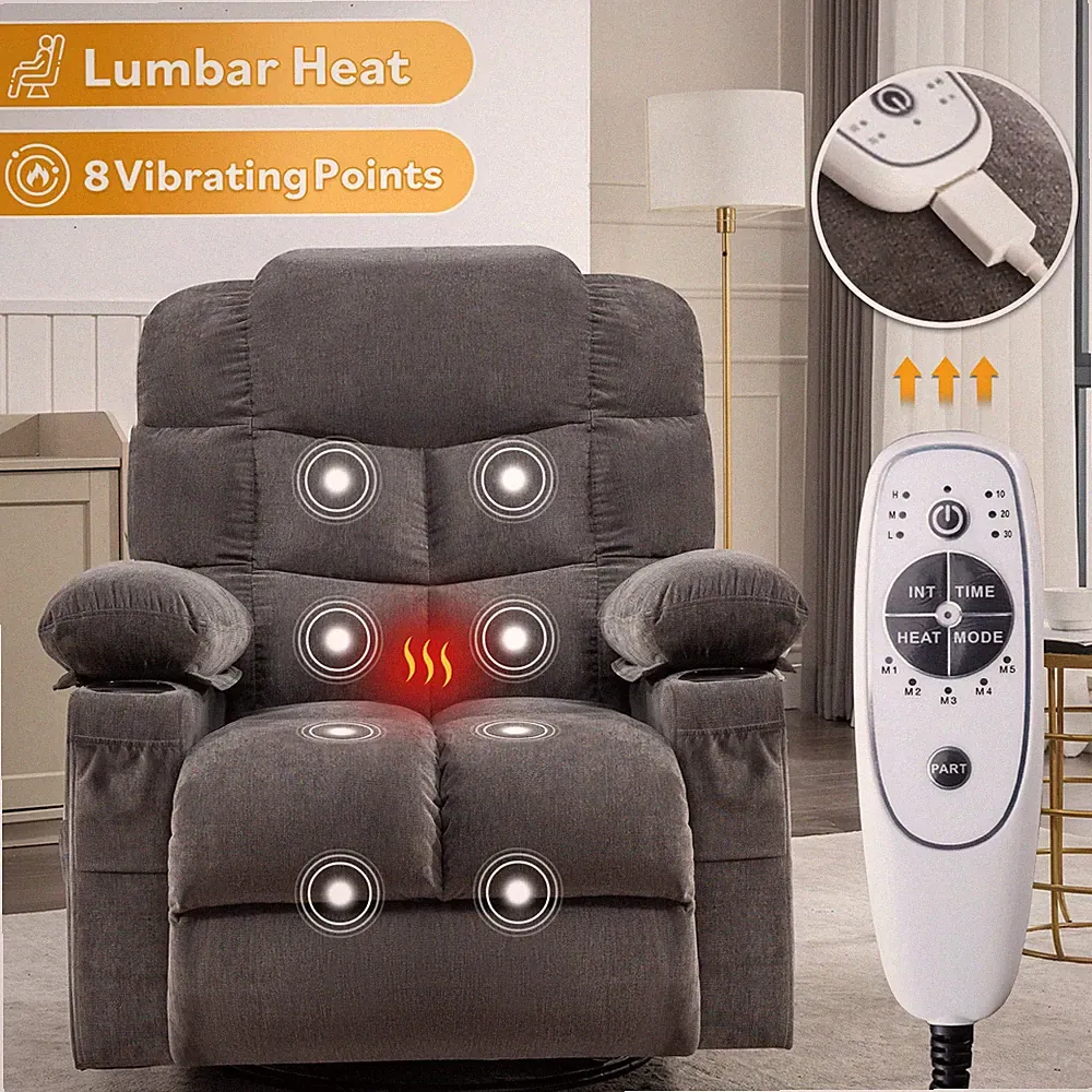 Massage Swivel Rocker Recliner Chair w/Lumbar Heat sofa chair with Cup Holders