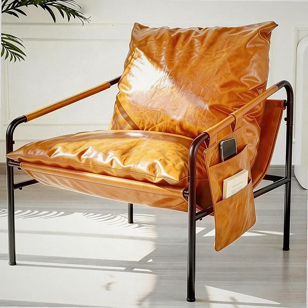 Modern Bright Orange Oversized Faux Leather Recliner Armchair, Comfy Accent Chai