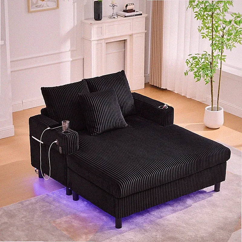 Modern Corduroy Oversized Recliner Sofa Deep Seat with LED Light,USB,Cup Holder