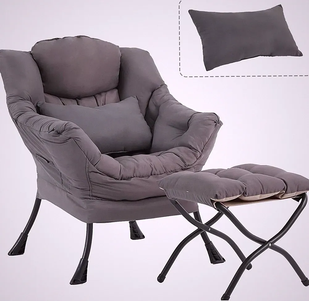 Modern Lazy Chair with Ottoman & Lumbar Pillow - Comfy Dark Grey Lounge Chair