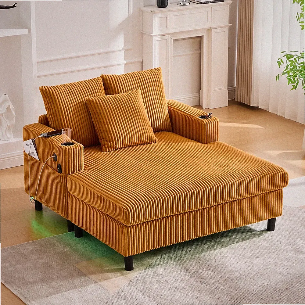 Modern Recliner Sofa w/ LED Lights, USB Charging, Cup Holders, Mustard