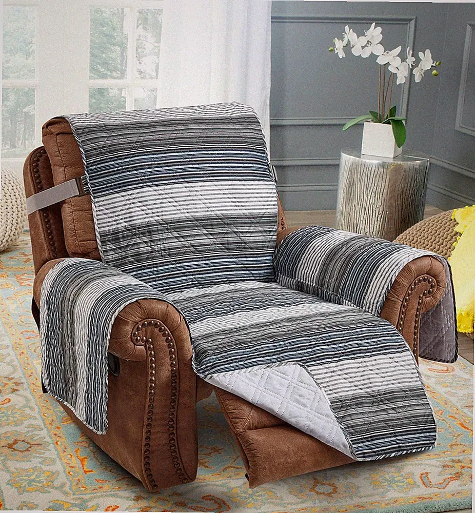 Multi Grey Stripes Patchwork Quilted Recliner Slipcover, 26" Seat Width, Slip...