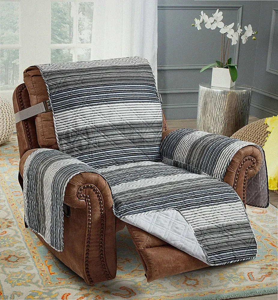 Multi Grey Stripes Patchwork Quilted Recliner Slipcover, 26" Seat Width, Slip...