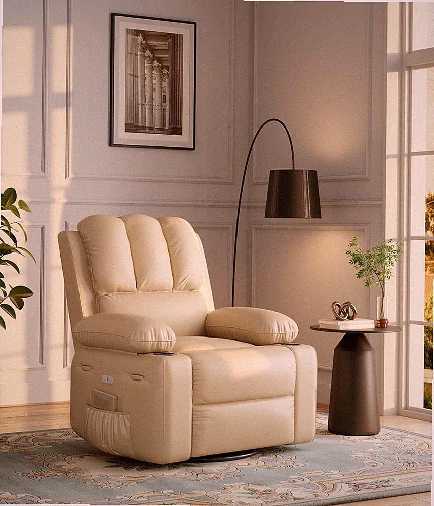 Oversized 27" Recliner Chair with Massage & Heat, PU Leather Swivel Rocker Re...