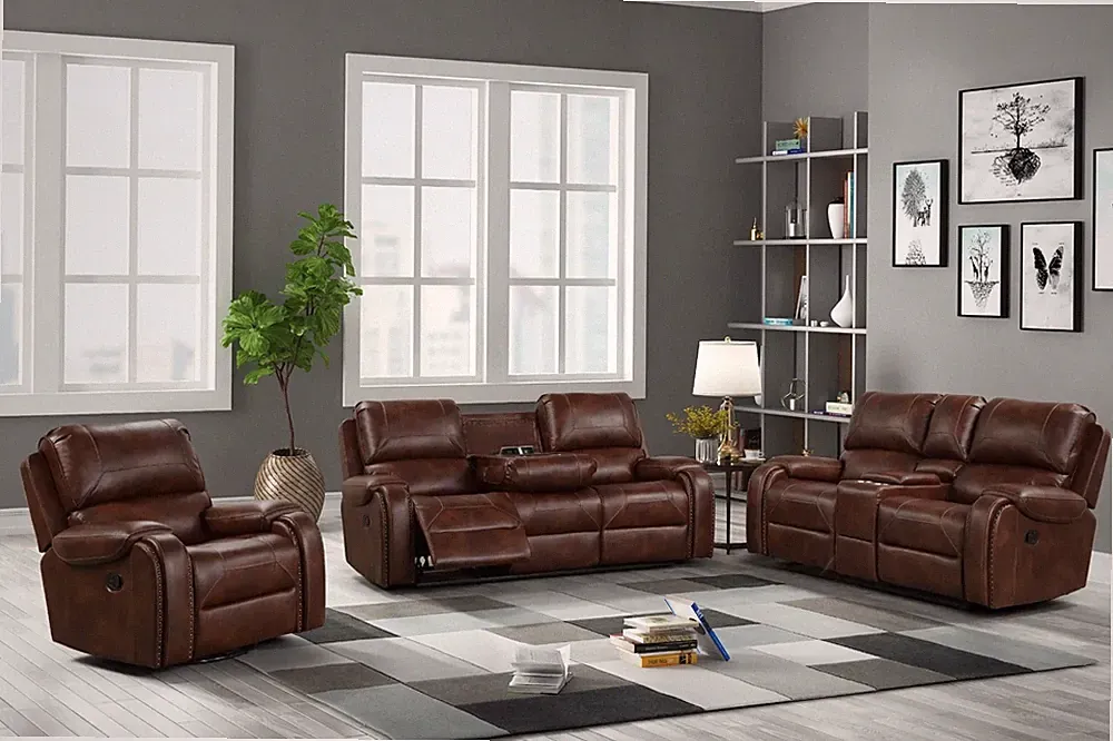 OVERSIZED 3PC Brown Sofa Loveseat Chair Leather Rustic Recliner Living Room Set