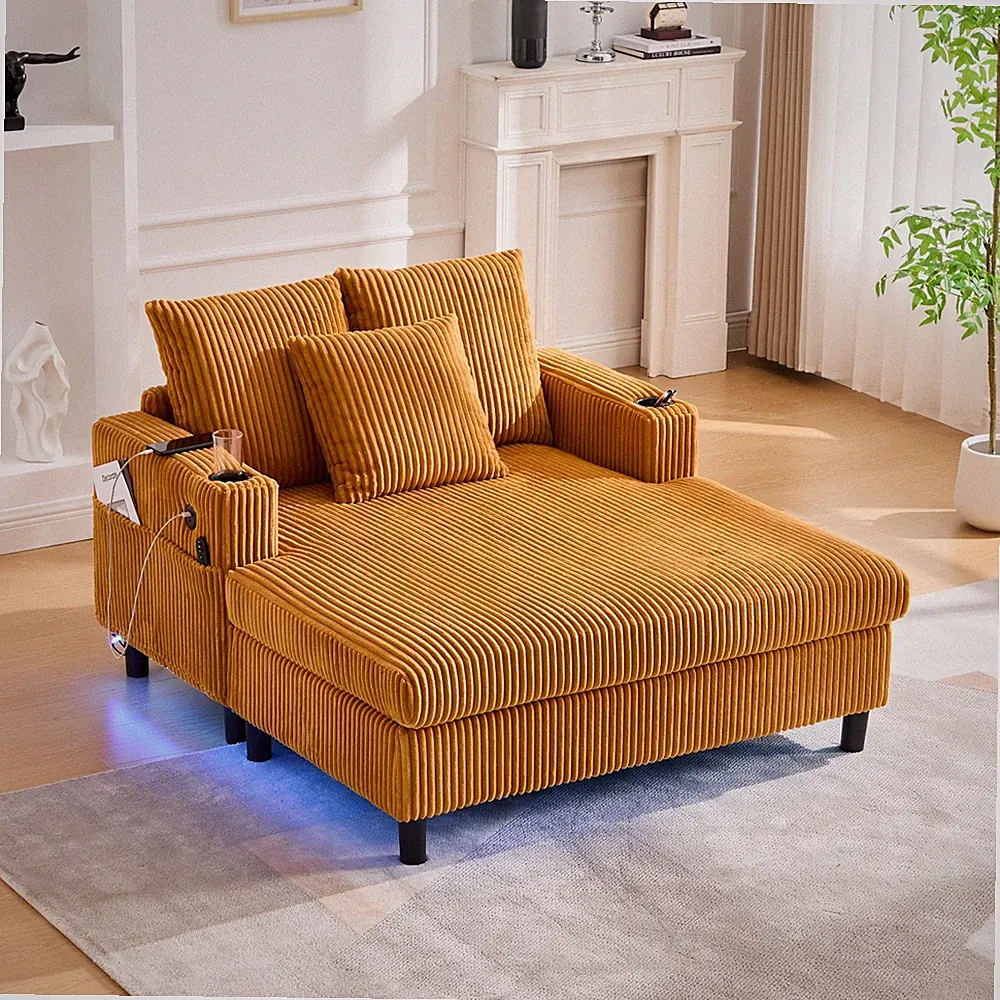 Oversized Corduroy Chaise Lounge Chair w/ USB Ports LED Light Strip & Cup Holder
