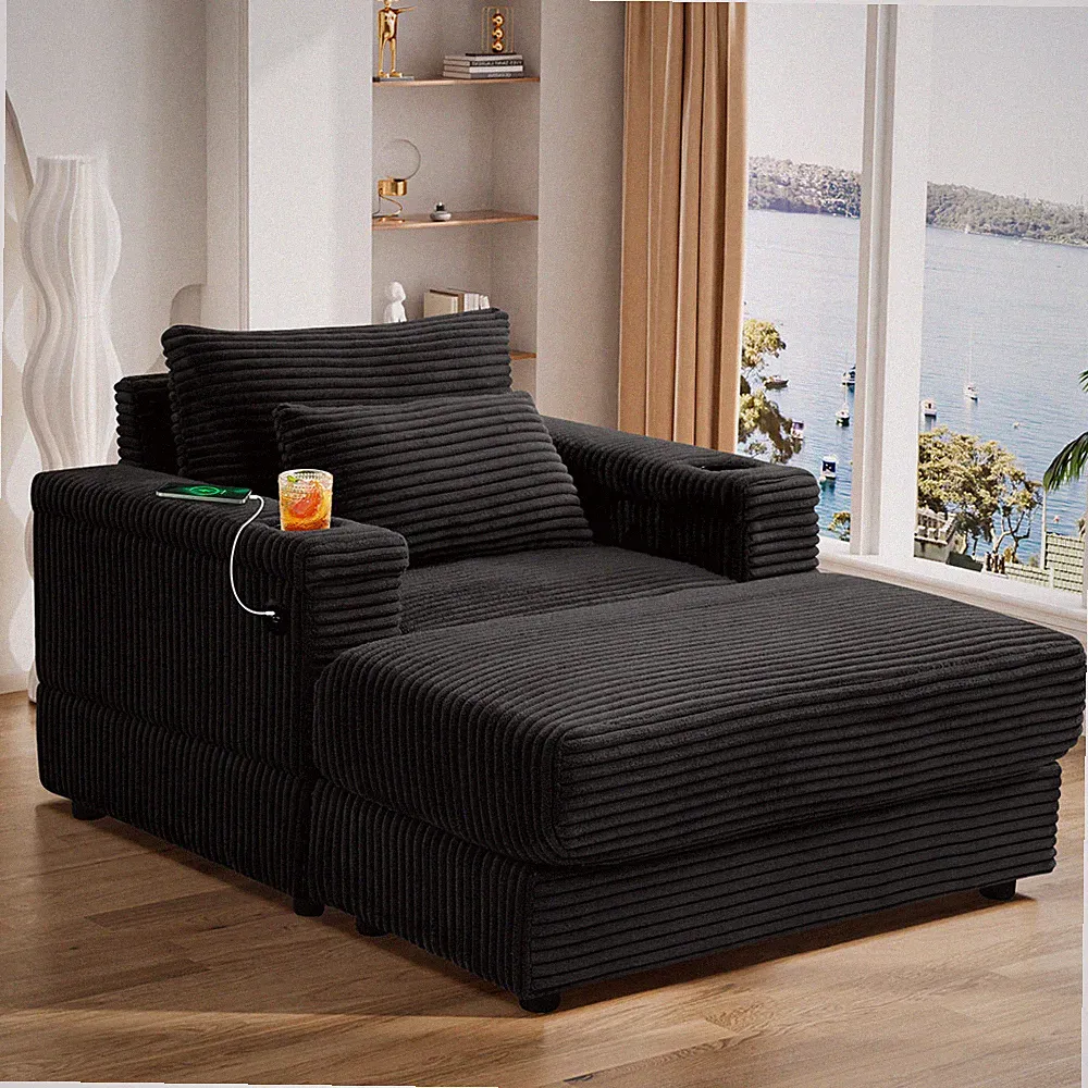 Oversized Corduroy Upholstered Chaise Longue Chair Reclining Sofa w/Ottoman
