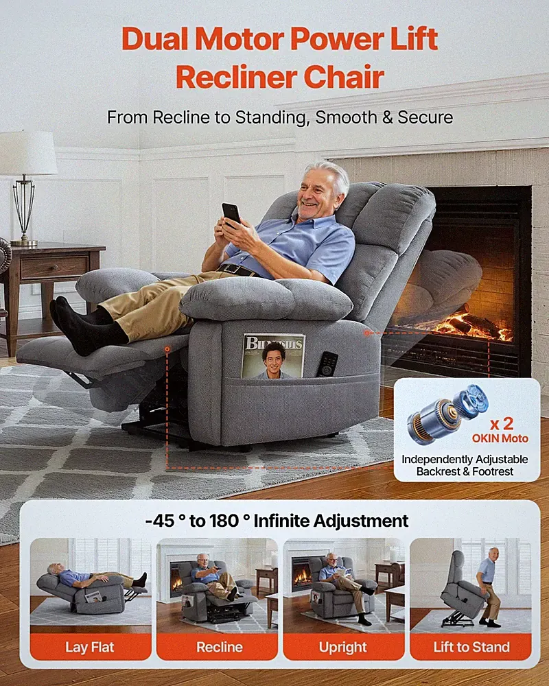 Oversized Dual Motor Power Lift Recliner Chair Heat Massage Gray