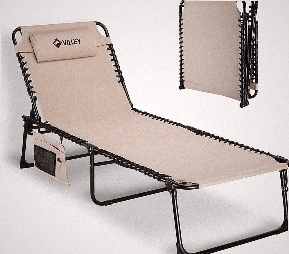 Oversized Folding Outdoor Chaise Lounge Chair 5-Position Trifold Beige