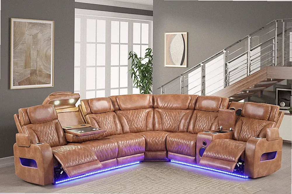 OVERSIZED LED Power Recliner & Adj Headrest Sectional Brown w/ Bluetooth Speaker