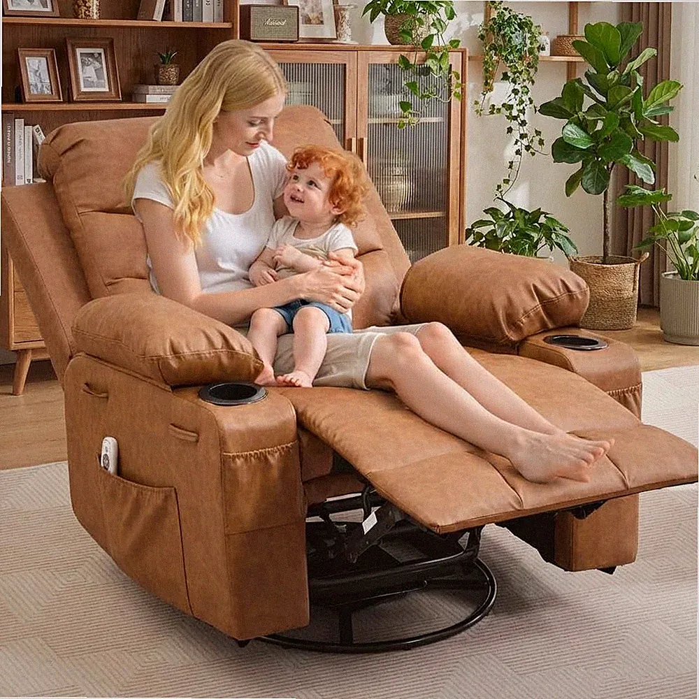 Oversized Massage Rocker Recliner Chair with Heat, 360° Glider & Cup Holders