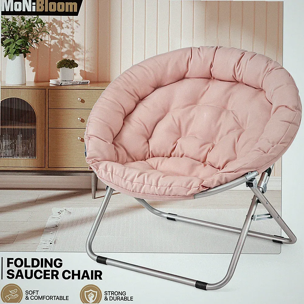 Pink Foldable Saucer Chair Comfy Accent Lounge Chair Soft Round Moon Padded Seat