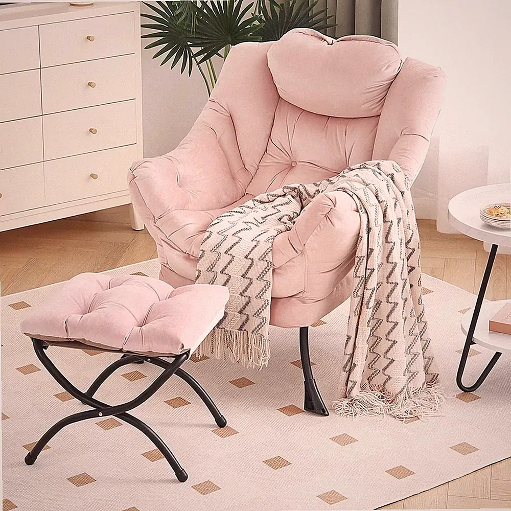 Pink Lazy Chair with Ottoman, Modern Lounge Accent for Living Room & Bedroom