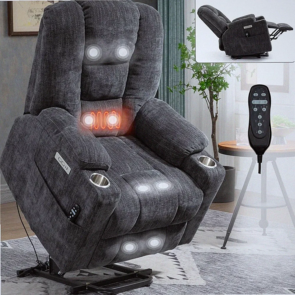 Power Lift Recliner Massage Heat Elderly Chairs USB-C 2 Cup Holders Brown 350LB