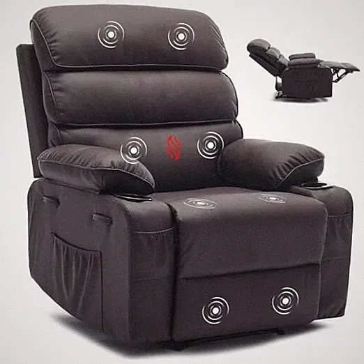 PU Leather Recliner Chair with Heat & 8-Point Massage, Extra Wide Dark Brown