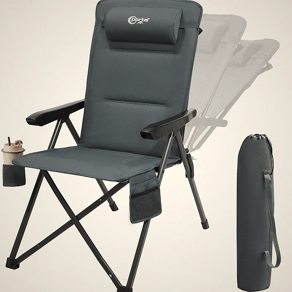 Reclining Camping Chair, High Back Folding Lawn Chair with Adjustable Reclini...