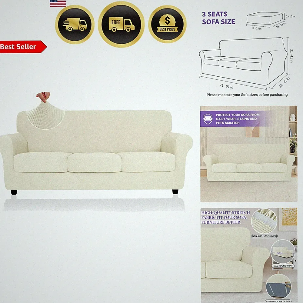 Striped Sofa Covers 4 Piece Stretch Couch Protector for 3 Cushion Sofa Beige