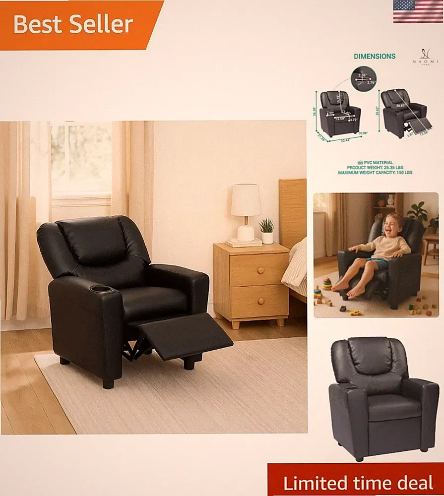 Suri Kids Recliner Chair with Cup Holder & Footrest, Built to Grow with 150 l...