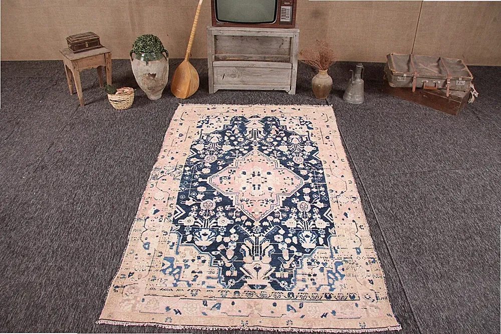 Turkish 4,5x7,3 ft Rug, Vintage Oversize Rug, Blue Oriental Rug